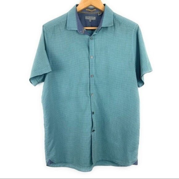 Ted Baker London Short Sleeve Button Down Teal Checkered - Picture 1 of 5